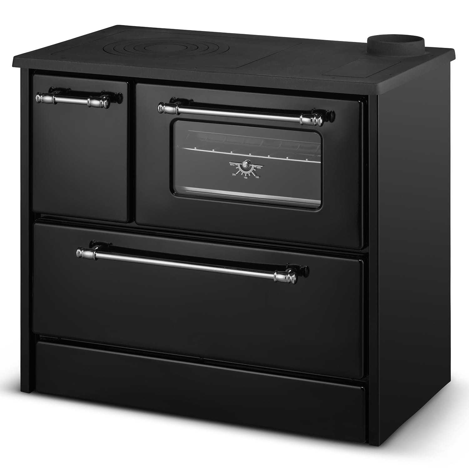 Piec kuchenny na drewno i węgiel OMEGA 701T 16 kW – kuchnia z płaszczem wodnym i funkcją ogrzewania CO, czarna